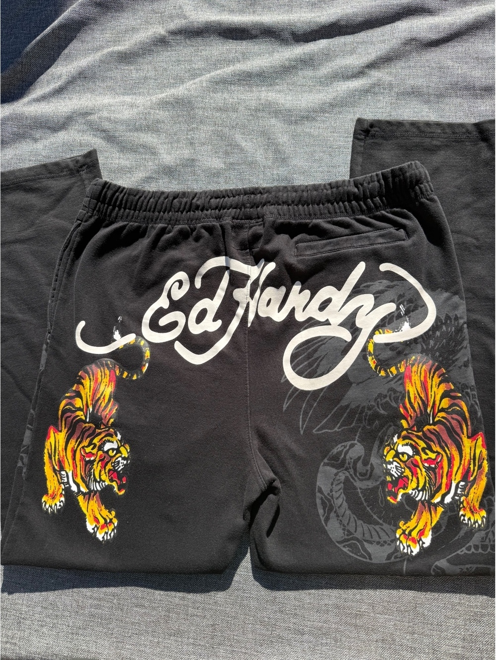 Ed Hardy Men's Black Sweatpants with Tiger and Script Design, Size XL